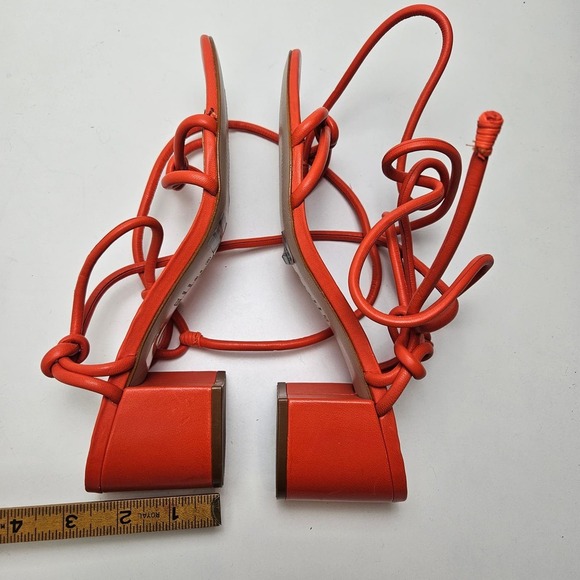 NWOT Schutz Nicky‎ Mid Nappa Sandals 9 Orange Strappy Block Heels Ankle Wrap Tie - Picture 5 of 7